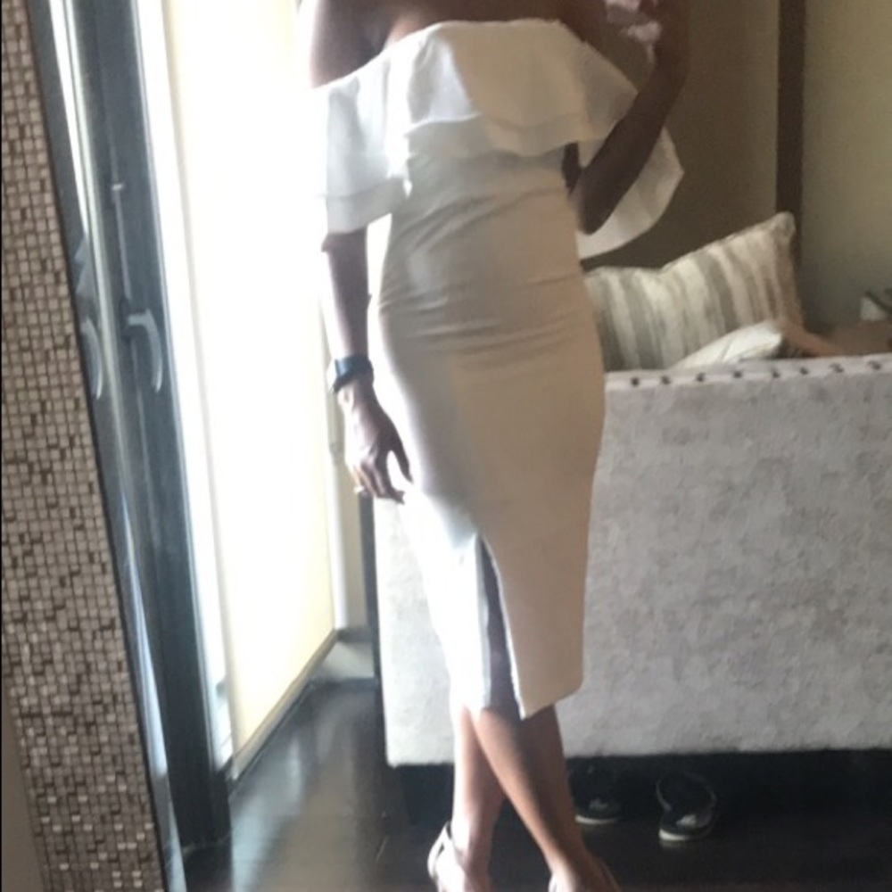 Off the shoulder white midi dress